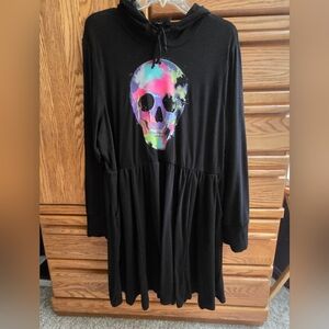 Woman Skeleton Face Black Cinch Waist Long Sleeve Pullover Hooded Dress Sz 22-24